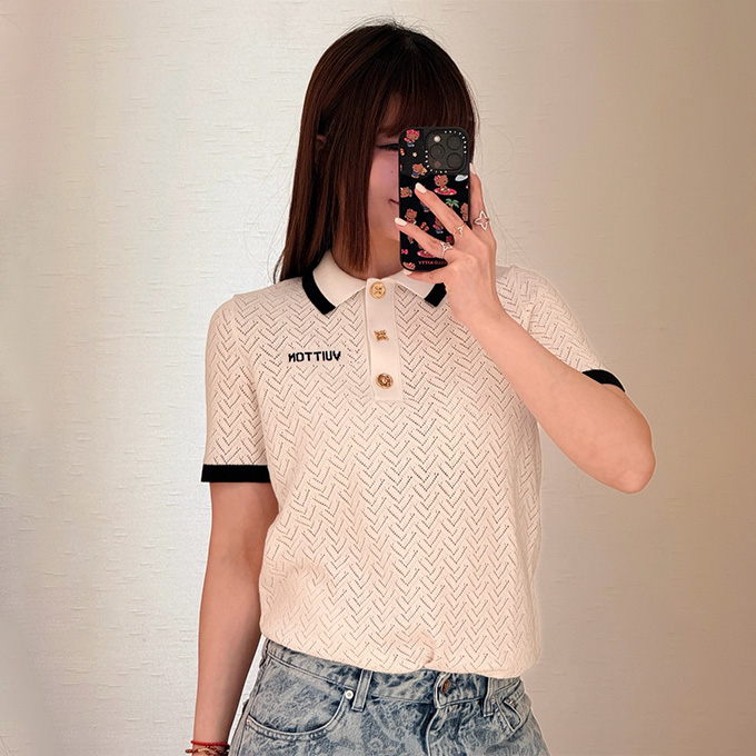 Details lv louis vuitton mesh pearl button polo short sleeve top